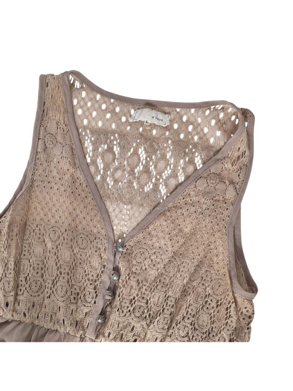A'reve Taupe Crochet Lace V Neck Babydoll Mini Dress Large